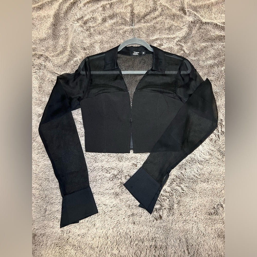 Tiger Mist black sheer sleeve eyelet closure LS top S